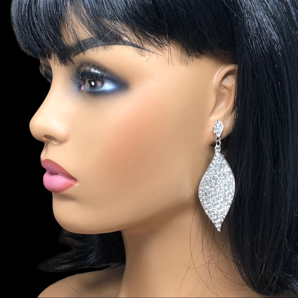 Large Pageant Statement Clear Rhinestones Unique Wave Post Drop Earrings - Picture 3 of 3